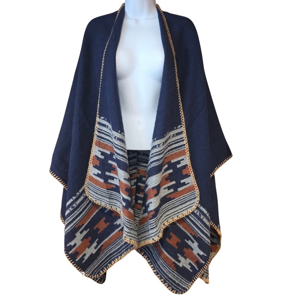 Navy soft knit open navy color‎ block, side length poncho  OS
